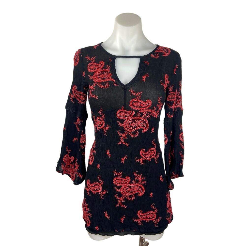 Way-In Multicolor Floral Paisley Embroidered Keyhole Long Sleeve Mini Dress S